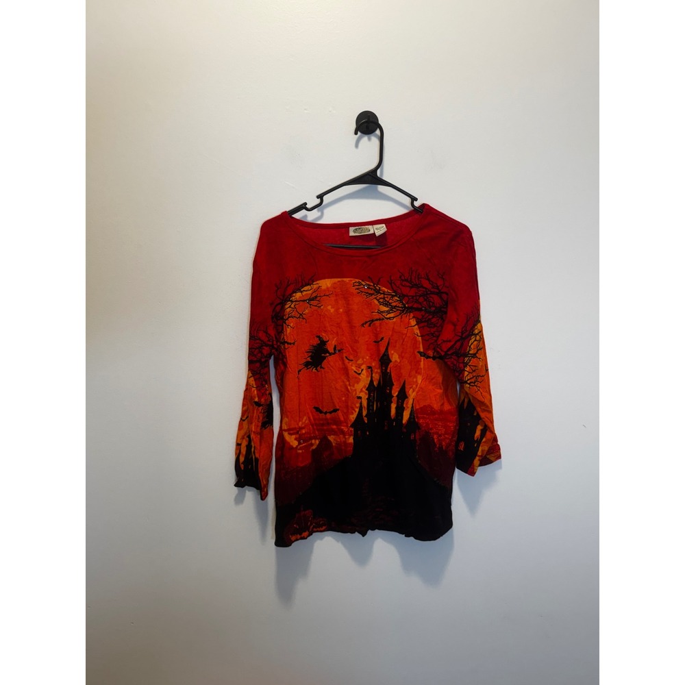 Vintage Collections Etc Halloween Haunted Castle Witch Sequin Cotton Top Red L